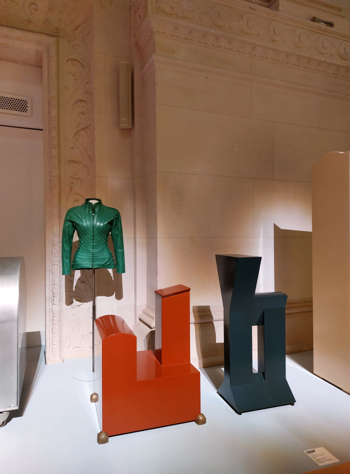 Meuble À P.F. and Meuble À D.L. by François Bauchet and a leather jacket by Claude Montana, as seen at Années 80. Mode, design et graphisme en France, Musée des Arts décoratifs, Paris