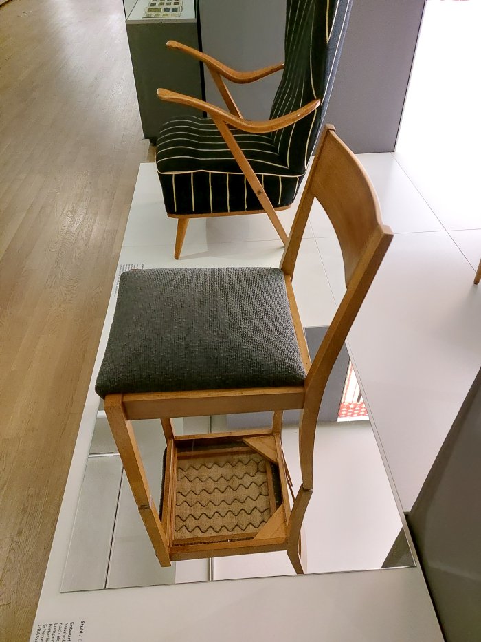 A 1950s chair by Werner Stachelroth featuring flat padding on flat springs, as seen at Deep-seated. The Secret Art of Upholstery, Grassi Museum für Angewandte Kunst, Leipzig