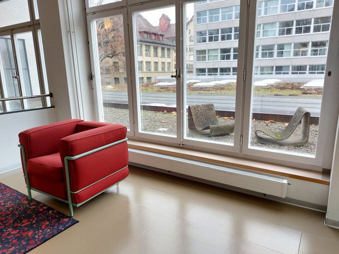 Le Corbusier, Pierre Jeanneret & Charlotte Perriand indoors, Willy Guhl outdoors, as seen in the Swiss Design Lounge, Museum für Gestaltung, Zürich