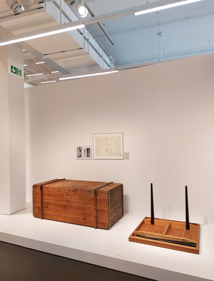 A transport crate cupboard and a flat-pack table with self storing legs, by Willy Guhl, as seen at Willy Guhl. Thinking with your hands, Museum für Gestaltung, Zürich