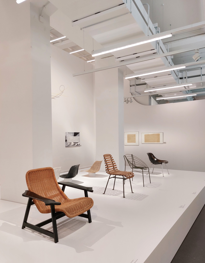 A wicker shelled armchair, as seen at Willy Guhl. Thinking with your hands, Museum für Gestaltung, Zürich