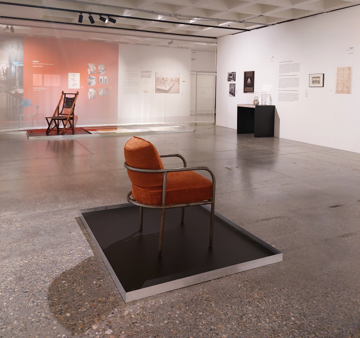 A late 1920s upholstered steel tube chair by René Herbst, as seen at On Display. Designing the shop experience, Design Museum Brussels