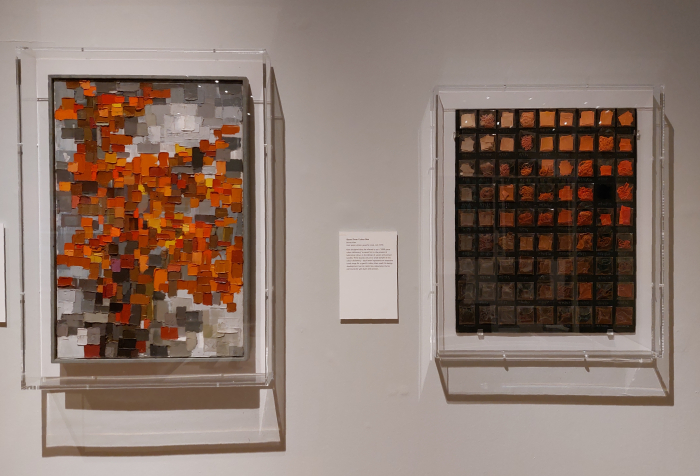 Autumn trees by Bernat Klein, 1964 (l) and board from Klein's Colour Box (r), as seen at Bernat Klein. Design in Colour, National Museum of Scotland, Edinburgh