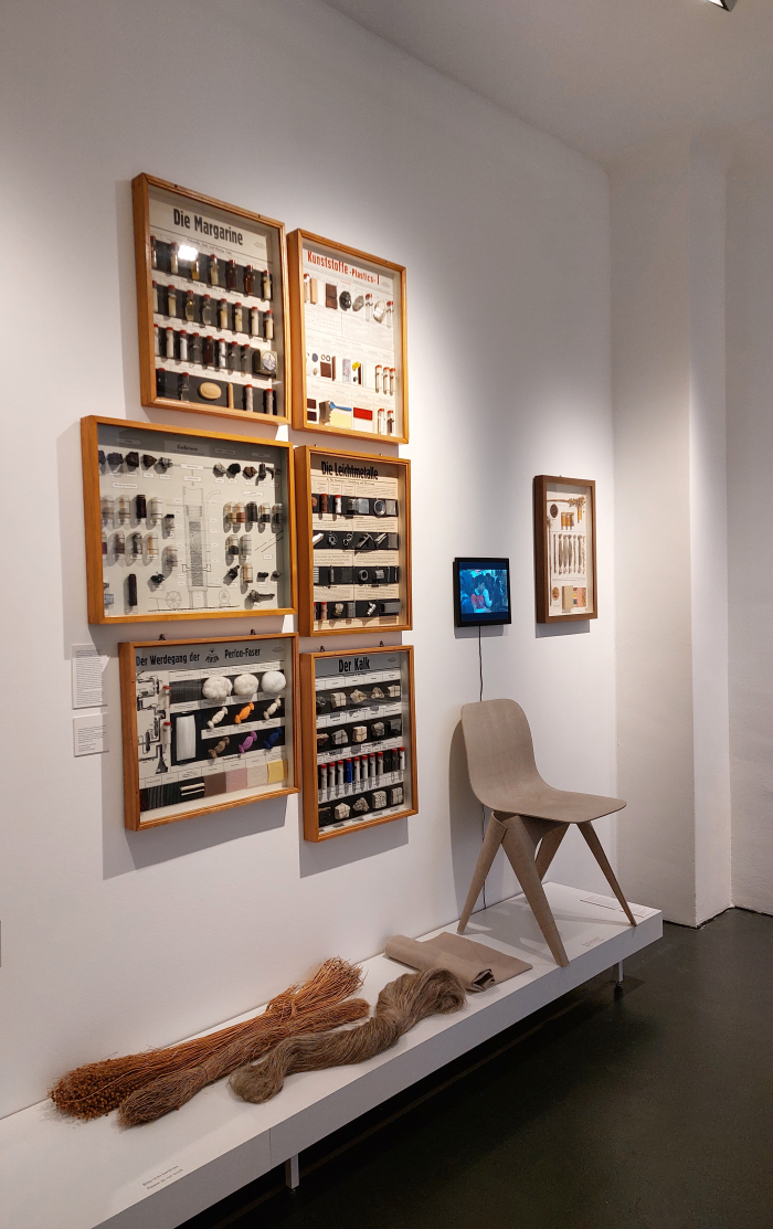 A number of Lehrmittelkasten and Flax Chair by Christien Meindertsma, as seen at The Story of My Life. Object Biography as Concept, Method and Genre, Werkbundarchiv Museum der Dinge, Berlin