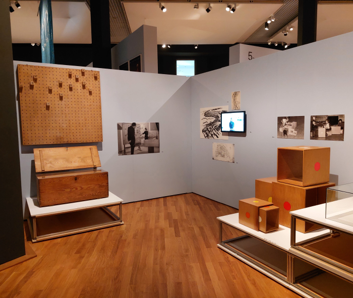 Workshop tools developed by Oskar Hansen (l) and Teresa Kruszewska' Nesting Dolls furniture/play/activity system, as seen at Retrotopia. Design for Socialist Spaces at the Kunstgewerbemuseum, Berlin