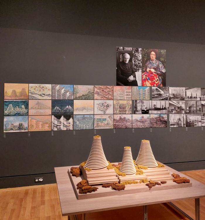 Photos of works by Iosif Karakis and Irma Karakis including a model of Iosif Karakis's proposal for Troieshchyna, Kyiv, as seen at Retrotopia. Design for Socialist Spaces at the Kunstgewerbemuseum, Berlin