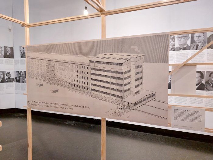 An illustration of Ernst Neufert's proposed Hausbaumaschine, as seen at Power Space Violence. Planning and Building under National Socialism, Akademie der Künste, Berlin