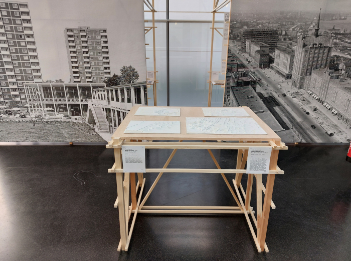 Post-War East and West Germany as represented by Neue Heimat estate in München-Bogenhausen (photo l) and the Hansaviertel Berlin (model l) juxtaposed with Rostock (photo r) and Eisenhüttenstadt (model r), as seen at Power Space Violence. Planning and Building under National Socialism, Akademie der Künste, Berlin