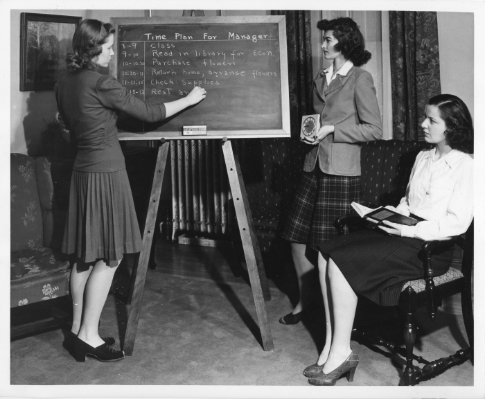 Home economics students at MSU in the 1940s, a reminder that home working isn't just answering emails in your pyjamas, part of Shouldn’t You Be Working? 100 Years of Working from Home at the MSU Broad Art Museum (Photo © Michigan State University Archives and Historical Collections, courtesy MSU Broad Art Museum)