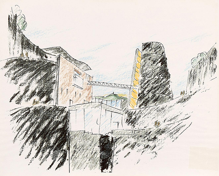 A sketch of Hans Hollein, (and Atelier 4's) Vulcania exploration park, Saint-Ours, part of Hollein Calling. Architectural Dialogues, Architekturzentrum, Vienna (photo © Architekturzentrum Wien, Sammlung, courtesy Architekturzentrum Wien)