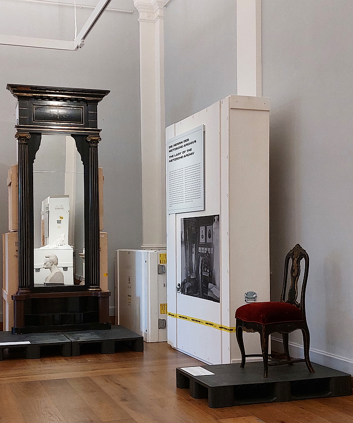 Friedrich Nietzsche reflected in his sister Elisabeth Förster-Nietzsche's mirror. It's a metaphor. As seen in Nietzsche Privat, Neues Museum Weimar. Part of the Klassik Stiftung Weimar's Theme Year 2023: Wohnen