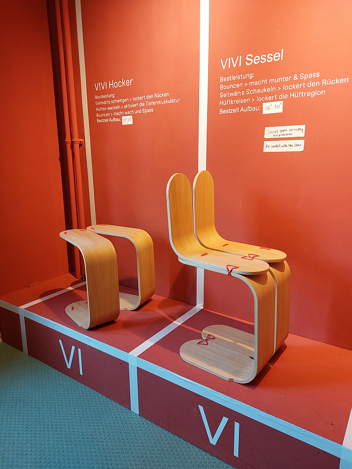 The MOWO - Move with Wood VIVI stool (l) and VIVI Sessel (r), as seen at Vienna Design Week 2023