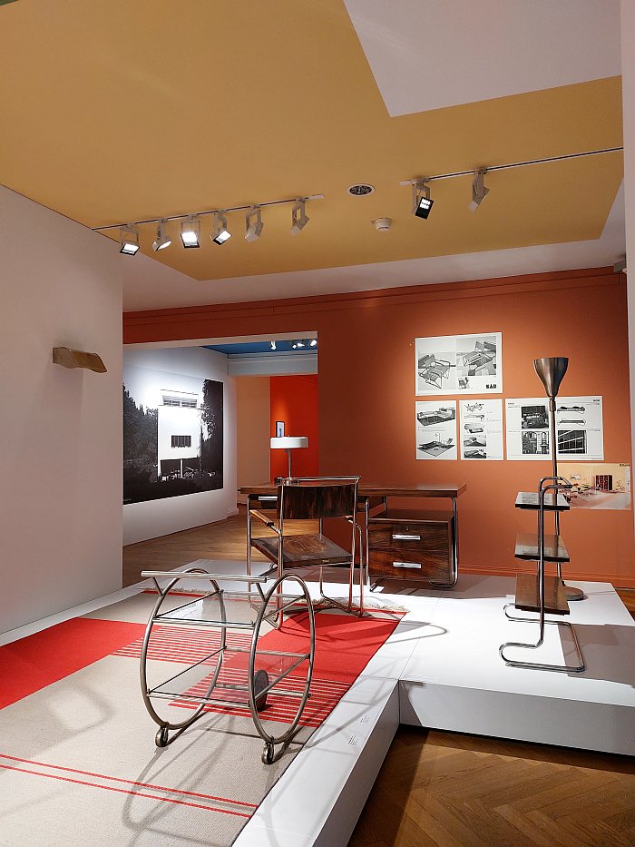 A steel tube shelving unit by František Langer and an annoymous bar/service trolley, as seen at Hej rup! The Czech Avant-Garde, Bröhan Museum, Berlin