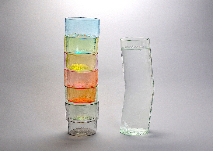 Pool beakers and caraffe by Cornelius Réer, the asymmetric beaker form aids the stacking