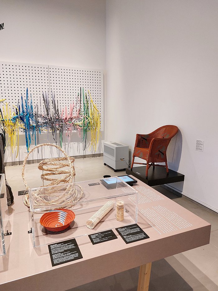 Examples of Flignum, developed at Kassel University (pale colour) and in the background a late 1930s Lloyd Loom chair, as seen at All Hands On: Basketry, Museum Europäischer Kulturen, Berlin