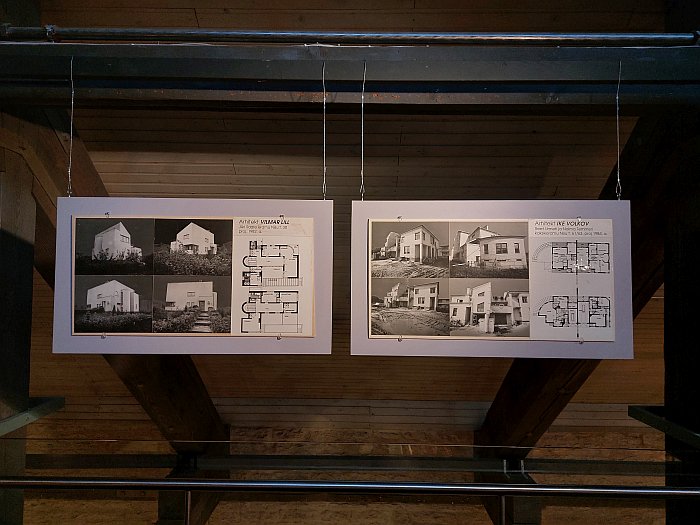 Photos and layouts of works by Vilmar Lill (l) and Ike Volkov (r) for the Arhitekti district, Tartu, as seen at Bold and Beautiful. Estonian private houses from the 1980s, Eesti Arhitektuurimuuseum, Tallinn