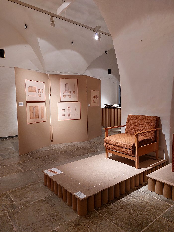 The M-259 armchair-bed by Valentin Kuusk for Narva Mööblivabrik, and a variety of late 1940s furniture designs, as seen at Uneversum: Rhythms and Spaces, Estonian Museum of Applied Art and Design, Tallinn