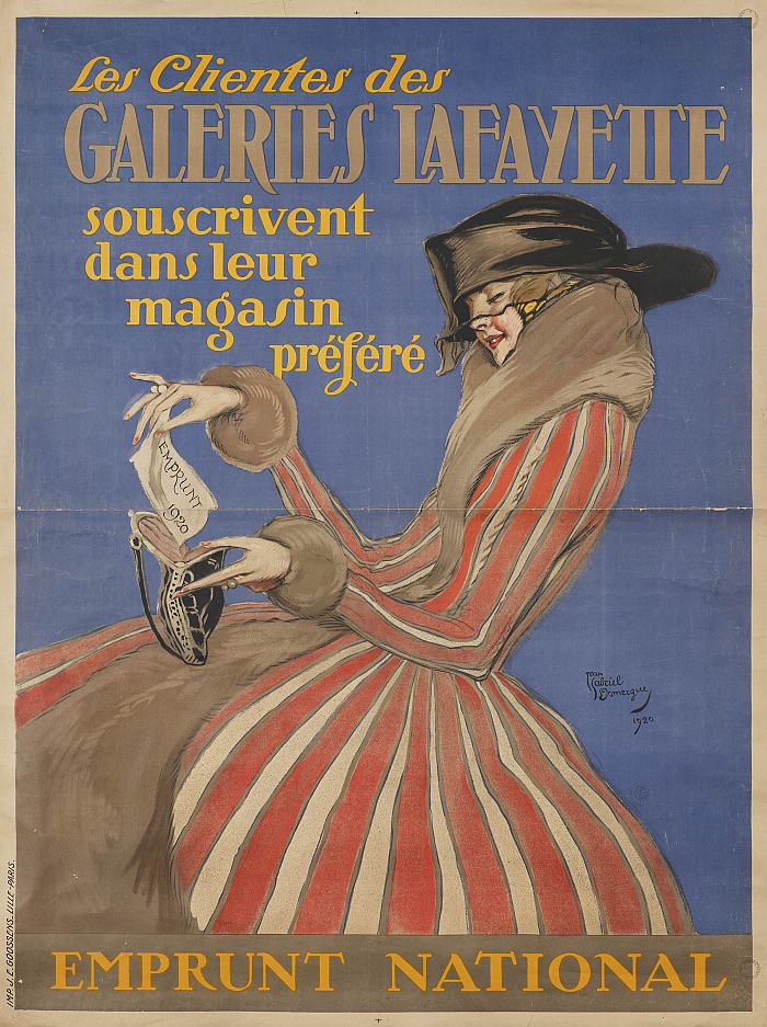 A 1920 Les Galeries Lafayette advertisement by Jean-Gabriel Domergue, part of La naissance des grands magasins. Mode, design, jouets, publicité, 1852-1925, Musée des Arts Décoratifs, Paris (Photo Christophe Dellière, © and courtesy Les Arts Décoratifs, Paris) 