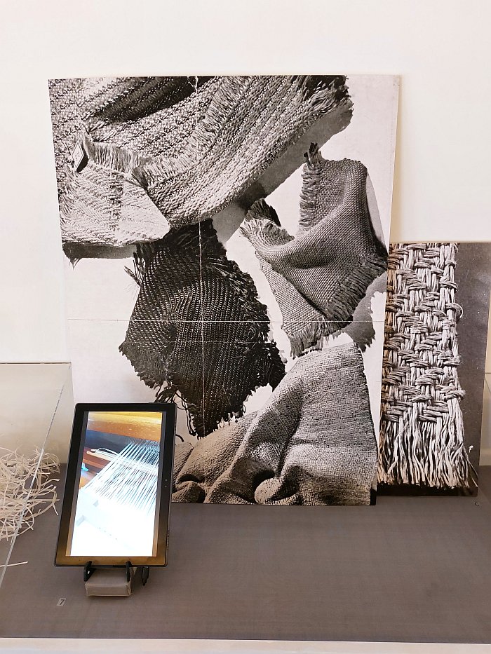 Historic photos of Otti Berger's textiles alongside the story of their contemporary recreation, as seen at Otti Berger. Weaving for Modernist Architecture, Temporary Bauhaus-Archiv, Berlin 