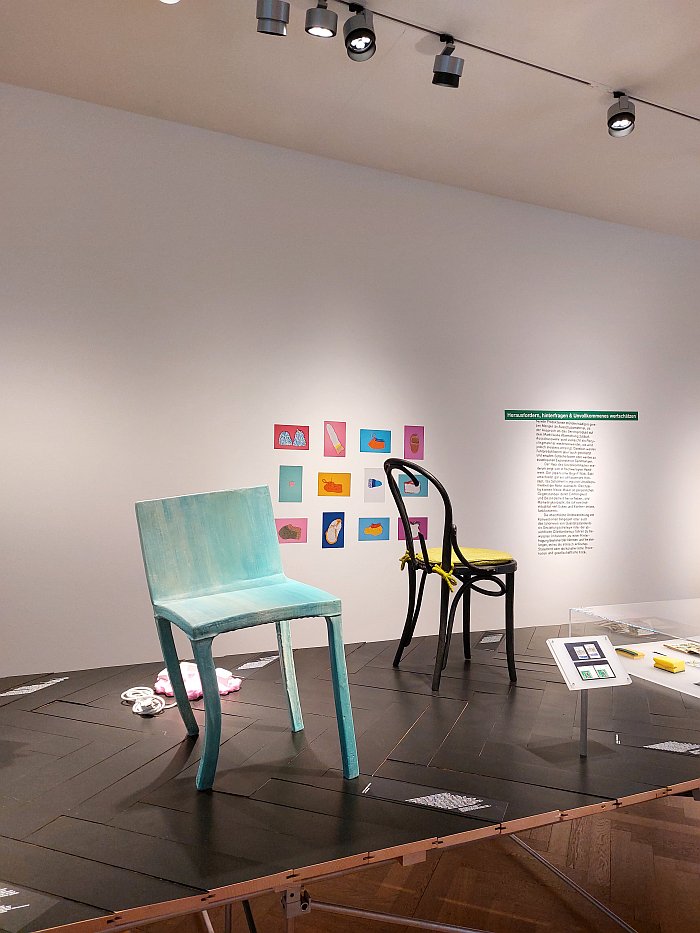 Melted Bronze chair by Pieke Bergmans (l), Smoke Thonet chair by Maarten Baas (r) and on the wall Stephanie Harke's Bettschuhe project, as seen at Perfectly Imperfect. Flaws Blemishes and Defects, Gewerbemuseum Winterthur