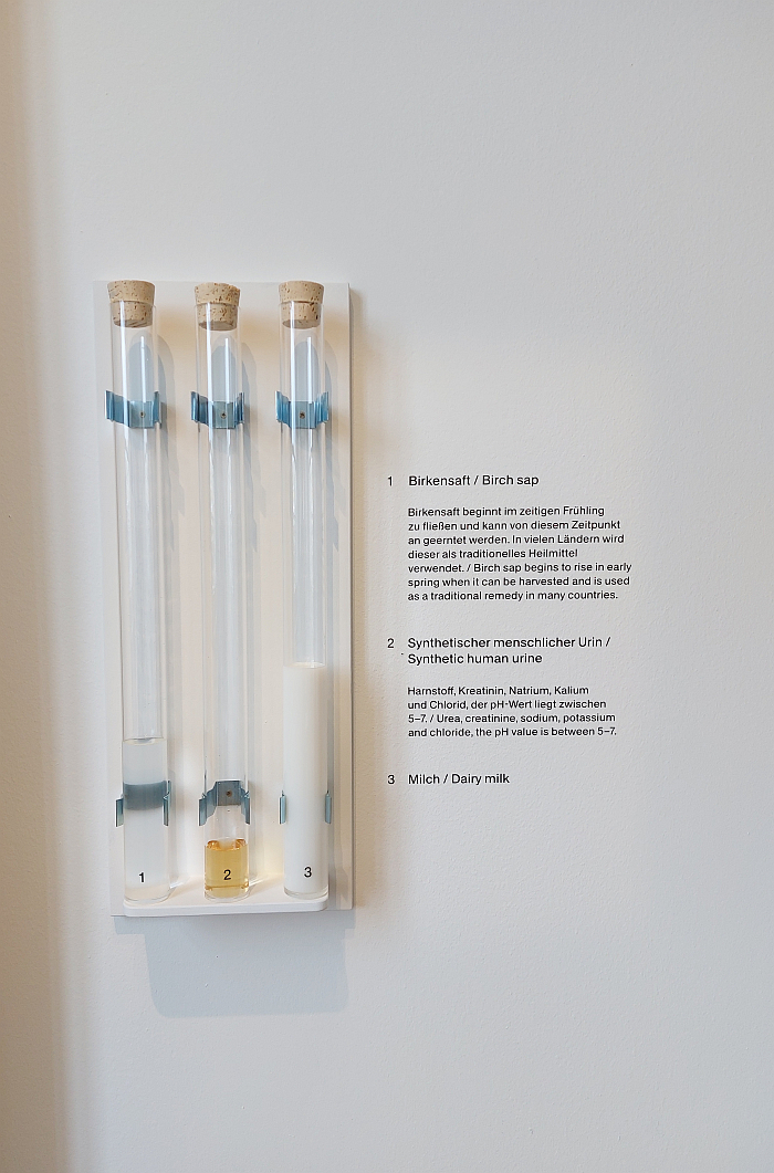 Tubes of birch sap, synthetic urine and milk.... water isn't water but is, as seen at Water Pressure. Designing for the Future, Museum für Kunst und Gewerbe, Hamburg