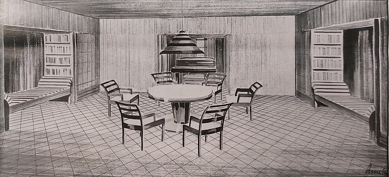 A living room design by Gertrud Lincke featuring two Arbeitskojen, Work Bunks/Berths, on the left and right (undated, but before 1927, possibly 1925)