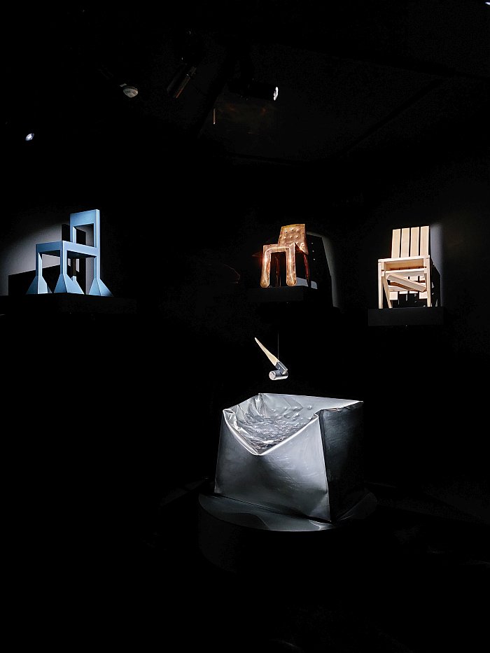 Works by Alessandro Mendini (l), Oskar Zieta (top m), Marijn Van der Poll (bottom, m) & Enzo Mari (r), as see at A Chair and You, Grassi Museum für Angewandte Kunst, Leipzig