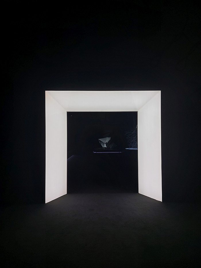 The entrance to the Dark Space, guided by Spirit House Chair by Daniel Libeskind, as see at A Chair and You, Grassi Museum für Angewandte Kunst, Leipzig