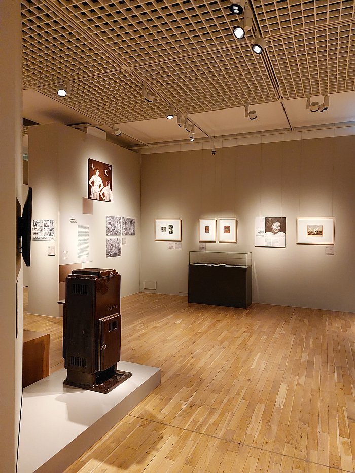 An oven by Walter Gropius and examples of textile designs by Else Mögelin and Margaretha Reichardt, as seen in Living in the Dictatorship 1933 1945, Schiller-Museum, Weimar in context of Bauhaus and National Socialism, Klassik Stiftung Weimar