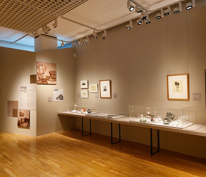 Examples of glass, ceramics and metal objects by, for example, Wilhelm Wagenfeld, Marianne Brandt or Margarete Heymann-Loebenstein, as seen in Living in the Dictatorship 1933 1945, Schiller-Museum, Weimar in context of Bauhaus and National Socialism, Klassik Stiftung Weimar