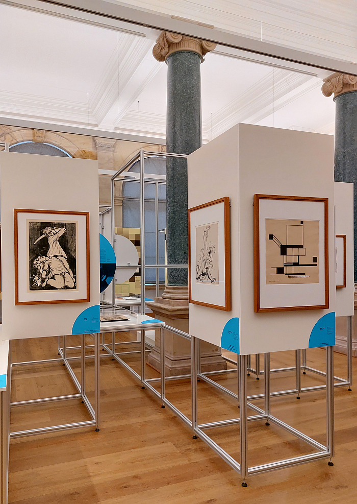 Works by Hans Groß (l) and Karl Peter Röhl (m, r), as seen in The Bauhaus as a Site of Political Contest, 1919-1933, Museum Neues Weimar in context of Bauhaus and National Socialism, Klassik Stiftung Weimar