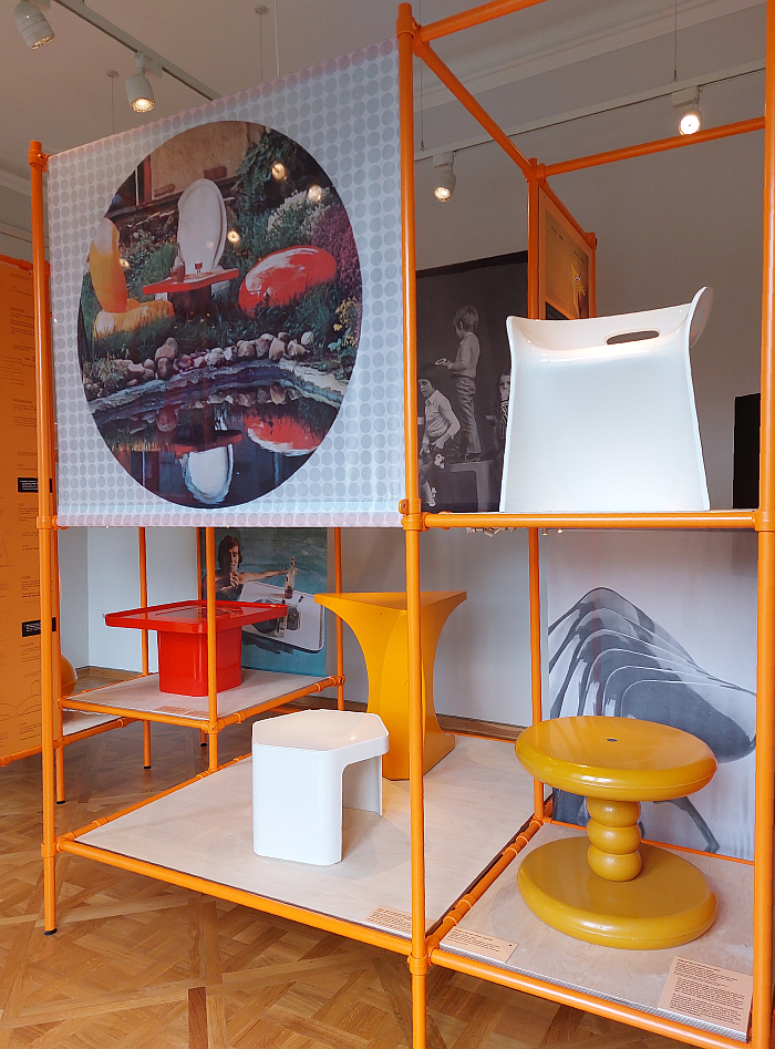 A selection of objects including, bottom left in white, the hexagonal table/stool/shelving by Manfred Rathgeber, as seen at PURe Visions. Plastic Furniture Between East and West, Kunstgewerbemuseum Dresden