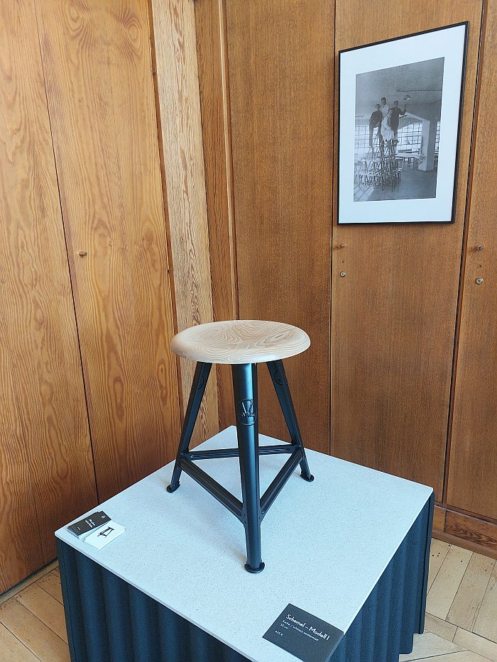 The 50 cm Rowac Schemel, and evidence of its use at Bauhaus Dessau, evidence that at Bauhaus the Rowac was Bauhaus furniture, as seen at Berlin Design Week 2024