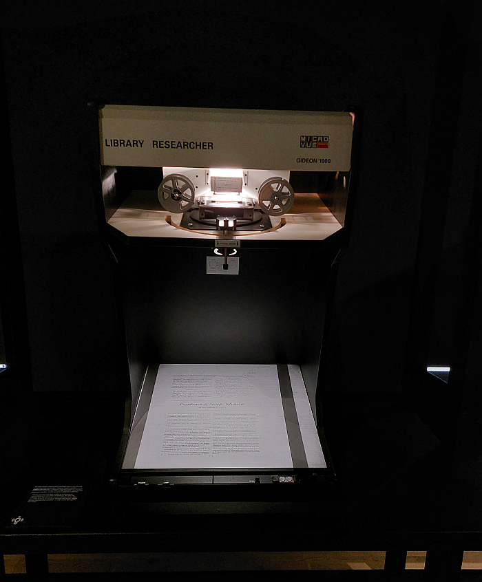 Texts by Lucia Moholy on microfilm presented on microfilm, as seen at Lucia Moholy: Exposures, Kunsthalle Praha