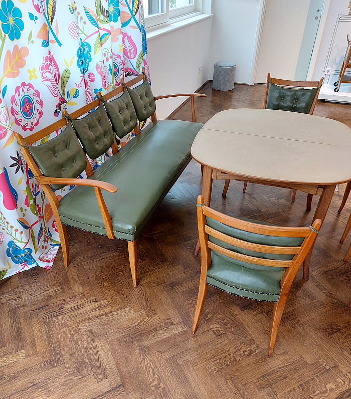 A ca 1940 dining bench by Kaesz Gyula, with upholstery (possibly) by Lukáts Kató, as seen in Kaesz Homes 1925-1960. The homes of designer couple Kaesz Gyula and Lukáts Kató, Walter Rózsi Villa, Budapest