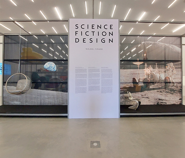 Verner Panton's Panton Chair on the moon (r) and Eero Aarnio's Bubble Chair echoing earth (l), as seen at Science Fiction Design: From Space Age to Metaverse, Vitra Design Museum Schaudepot, Weil am Rhein