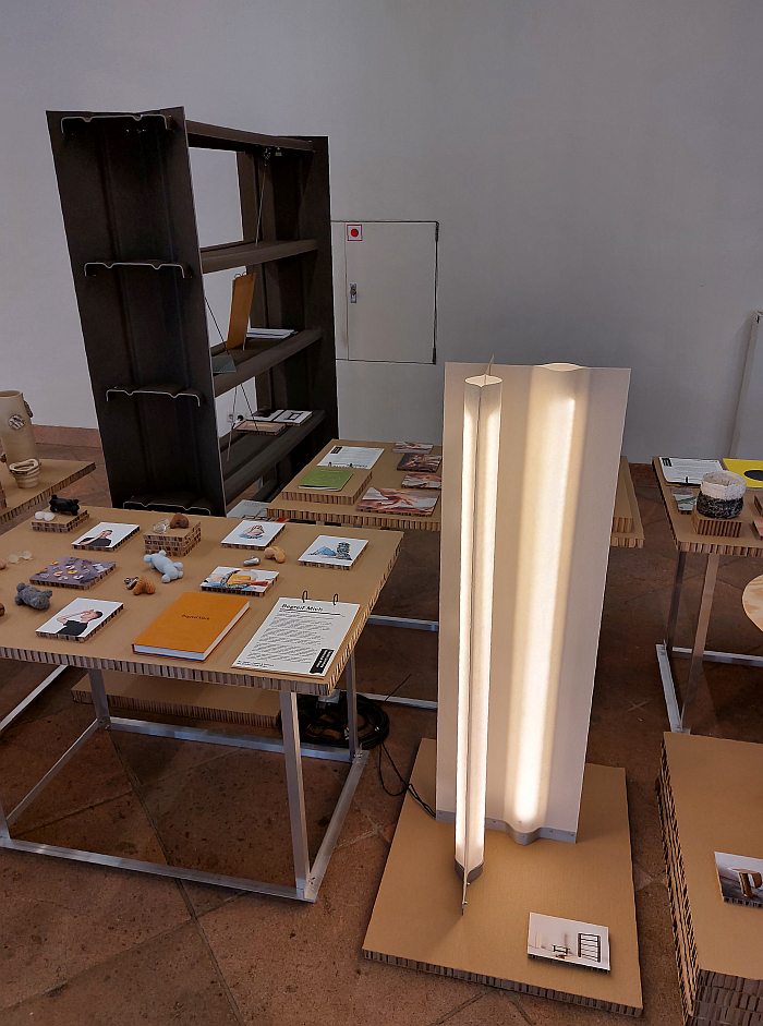 A lamp and shelving from the project Leichtigkeit by Aleksander Rasztawicki, as seen at Grassimesse Leipzig 2024