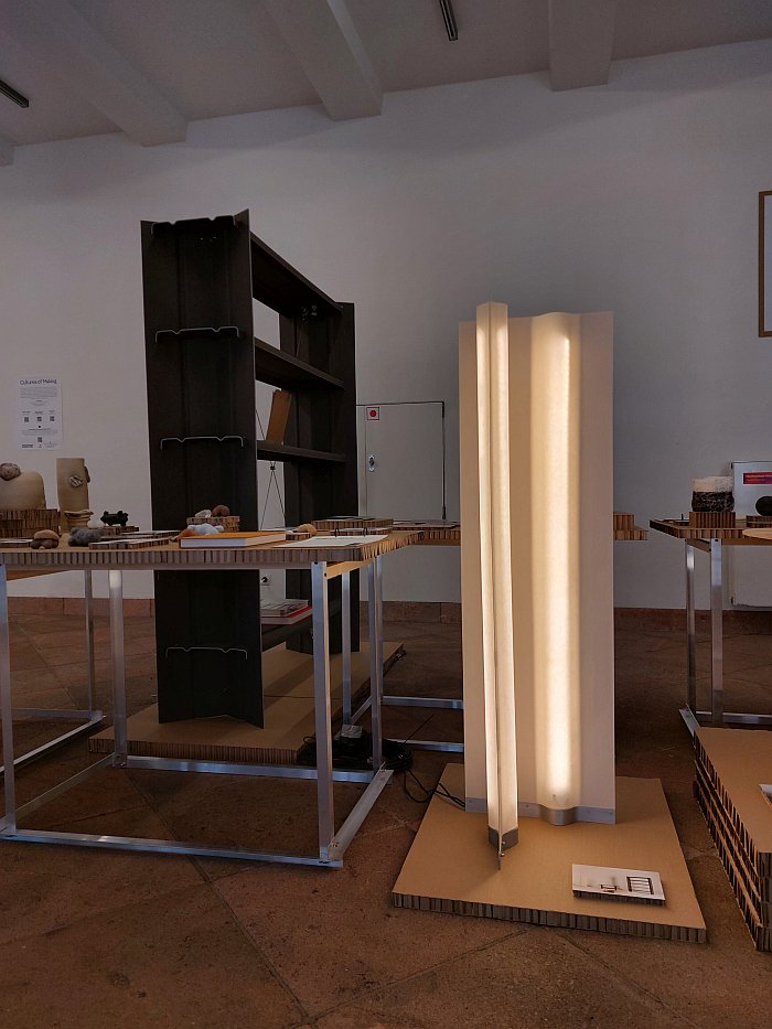 A lamp and shelving from the project Leichtigkeit by Aleksander Rasztawicki, as seen at Grassimesse Leipzig 2024