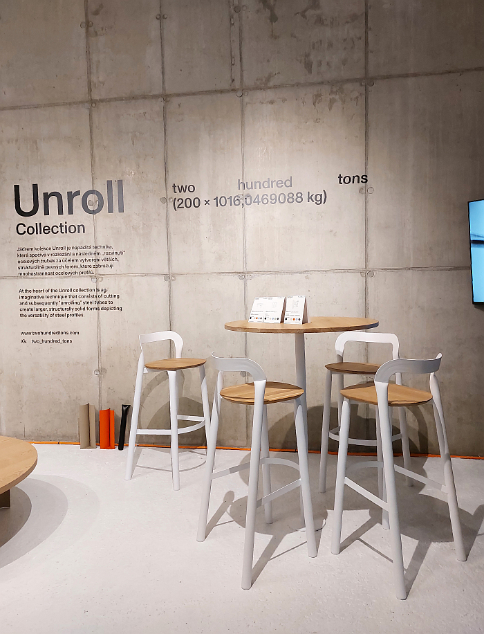 A bar stool and bistro table ensemble by Two Hundred Tons, as seen at Designblok Prague 2024