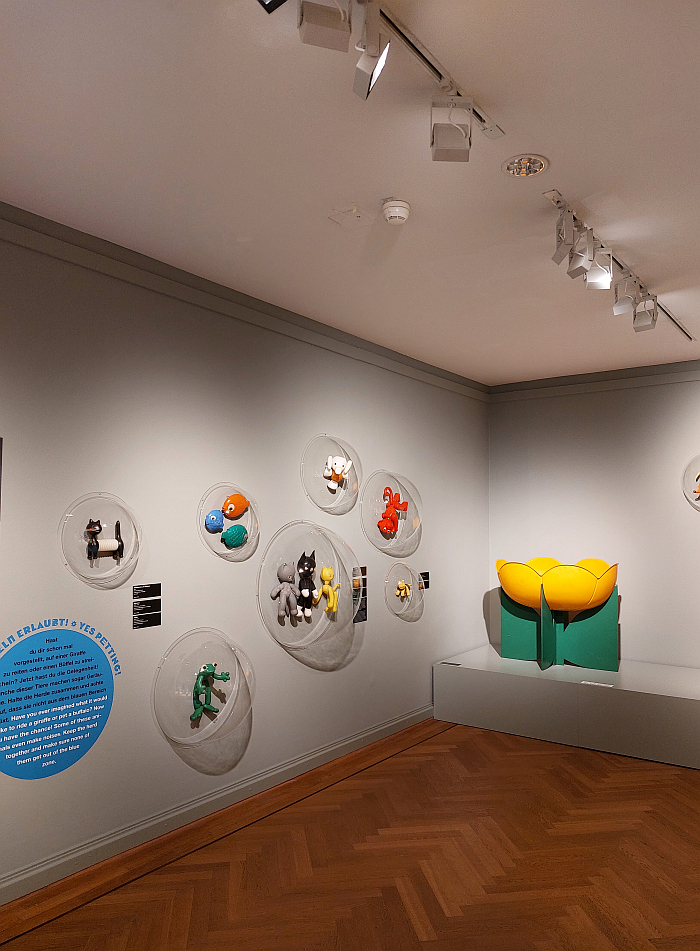 Examples of plastic animals and the cot Fleur by Philippe Pradalié, as seen at Design for Children, Bröhan Museum, Berlin