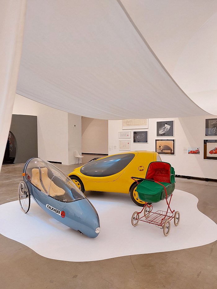 Transport design by Luigi Colani including the LTI lightweight transport concept for Kalkhoff (l) and a pram Excelsior International (r), as seen at Luigi Colani - Shapes of the Future, Marta Herford