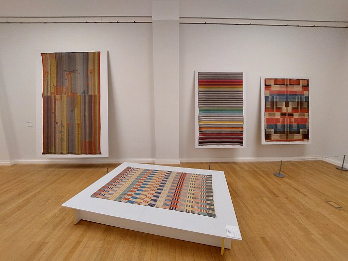 Works from the Bauhaus Weimar weaving workshop including works by Else Mögelin (l) and Otti Berger (m), as seen in Reform of Life &amp; Henry van de Velde mittendrin, Kunstsammlungen Chemnitz