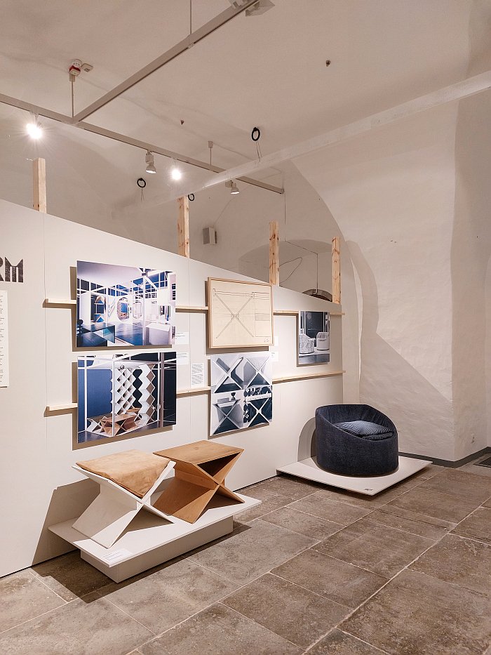 A low-down pouffe/upholstered bucket chair (l) and the X as a stool and side table, both og which premiered at Rumm ja Vorm 1969, as seen at Bruno Tomberg. Inventing Design, Estonian Museum of Applied Art and Design, Tallinn