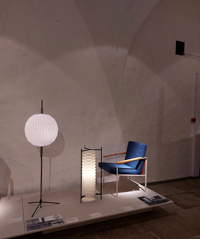 Two ca 1964 folded paper lamps and a a 1964 armchair, all by Bruno Tomberg, as seen at Bruno Tomberg. Inventing Design, Estonian Museum of Applied Art and Design, Tallinn