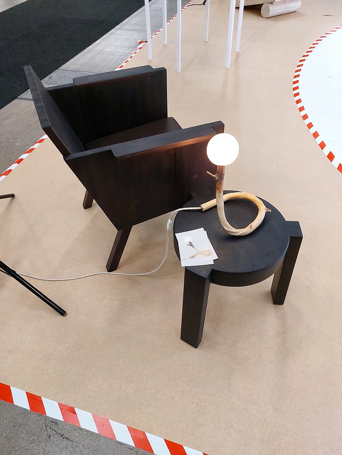 Reclaim armchair by Sara Szyber and a Branchwood table lamp by Jakob Niemann, as seen as part of The Value of Wood, Stockholm Furniture Fair 2025