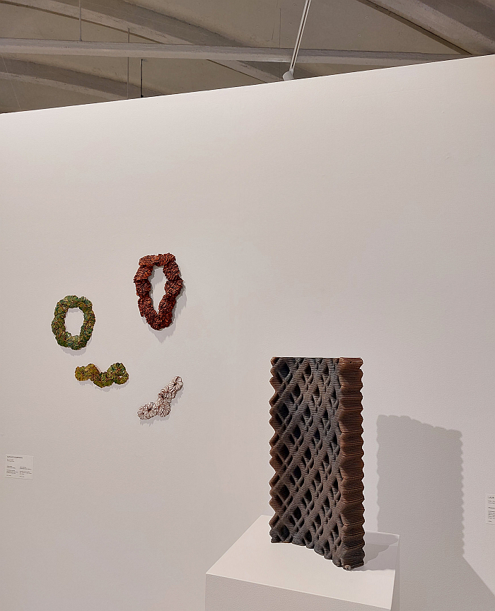 Works in natuarlly tanned reindeer hide by Karin Roy Andersson (rear) and 3D printed ceramics by Lauri Kilusk (front), as seen at The Fine Lines of Constructiveness, 9th Tallinn Applied Art Triennial, Kai Art Center, Tallinn