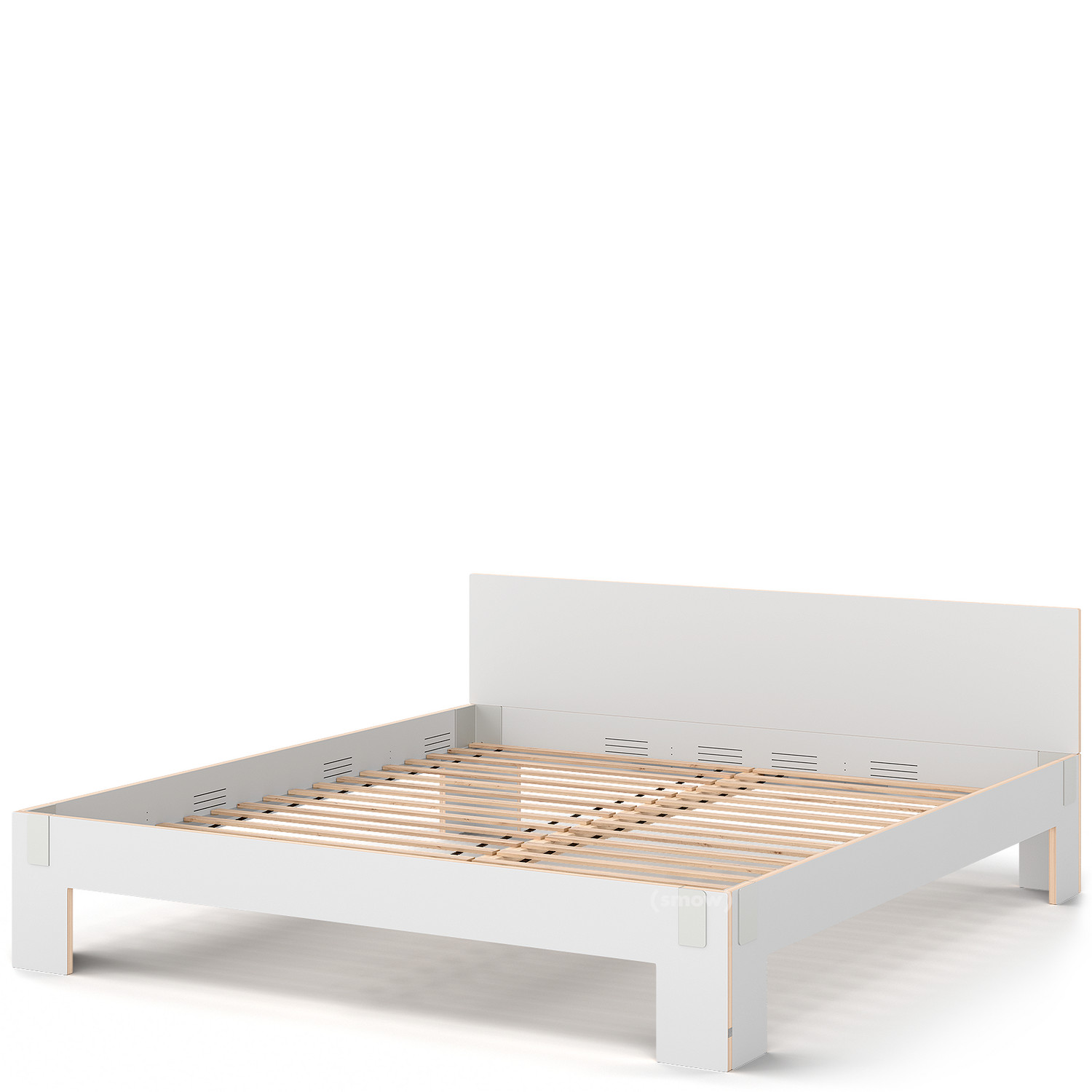 Nils Moormann Tagedieb, 200 x 220 cm, With headboard, FU (plywood, birch) white, Light grey, With rollable slatted base by Carmen Buttjer, 2013 - Designer furniture by smow.com