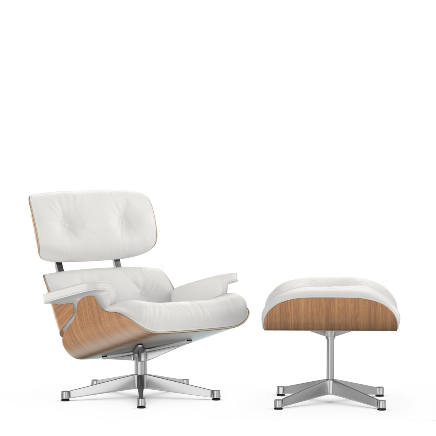 Vitra Lounge Chair & Ottoman, Walnut with white pigmentation, Leather Premium F snow, 89 cm, polished by Charles & Ray 1956 - Designer by smow.com